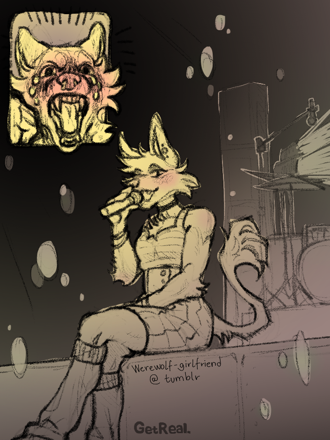 Digital sketch redraw of the "fan screaming at a live performance" meme. A fox fursona sits at the edge of the stage, singing and glancing at the viewer in the front row. In the top left corner you can see the viewer, a wolf fursona, having a very emotional and excited reaction.